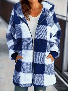 Women's blue and white plaid fleece hooded jacket with full zipper and side pockets