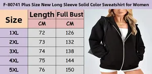 Size chart for women's plus size solid color long sleeve hooded zip sweatshirt 1XL-5XL