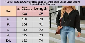 Size guide for women's hooded sweatshirt showing chest and length measurements from S to 2XL