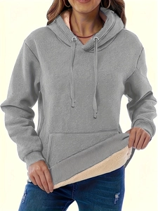 Damen Kapuzenpullover in Grau mit warmem Fleecefutter und Kängurutasche für den Winter