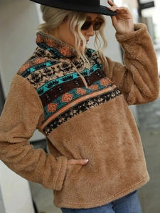 Camel fleece quarter-zip sweatshirt with geometric tribal print panels and pockets