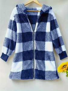 Detail of blue and white buffalo plaid plush hoodie featuring a metal zipper and soft fleece texture