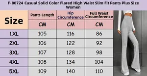 Size chart for high waist flared pants with 1XL to 5XL dimensions and model view