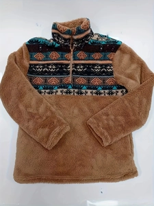 Brown sherpa pullover sweatshirt with bohemian geometric print and half-zip collar