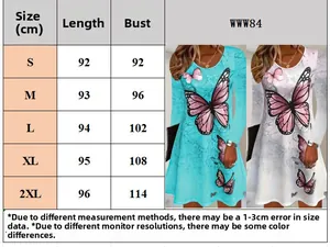 Size chart for butterfly print long sleeve dress with bust and length measurements