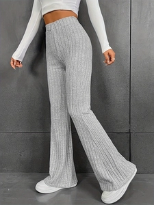 Women's high waist grey ribbed knit flare trousers with comfortable elastic waistband