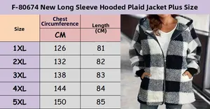 Detailed size chart for plus size hooded plaid fleece coat showing 1XL to 5XL measurements