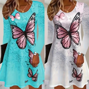 Detail of elegant butterfly print long sleeve dresses in blue and white color options