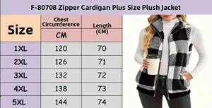 Size chart for plus size women's plaid plush vest with detailed measurements from 1XL to 5XL