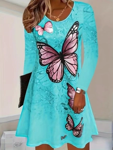 Elegant Women Butterfly Print Long Sleeve Dress Round Neck A-Line Casual Party Mini Dress Soft Polyester Tunic Outfits