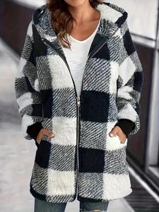Women Casual Plaid Plush Hooded Jacket Long Sleeve Zipper Loose Fleece Coat With Pockets Winter Warm Outwear