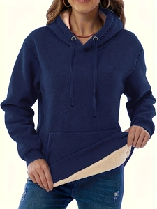 Damen Casual Dicke Sherpa Fleece Gefütterte Kapuzenpullover Warm Einfarbig Locker Sweatshirt Mit Tasche Langarm Winter Herbst Top