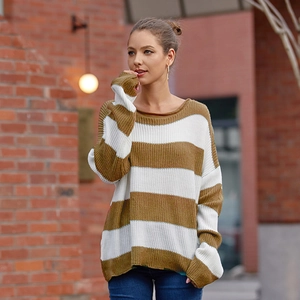 Oversized brown and white striped crewneck knit sweater for women, casual autumn style