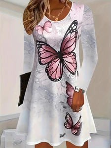 Elegant white A-line long sleeve dress with vibrant pink butterfly print and round neck