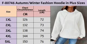 Size chart for plus size drawstring hoodie featuring detailed measurements for 1XL to 5XL