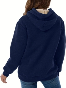Dunkelblauer Damen-Kapuzenpullover mit warmem Sherpa-Futter und Rippbündchen Rückansicht