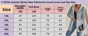 Size chart for casual hooded patchwork jacket showing 1XL to 5XL measurements in CM