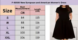 Size chart for solid color short sleeve dress showing bust and length from S to XXL