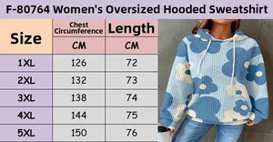 Size chart for floral waffle knit hoodie showing measurements from 1XL to 5XL in centimeters