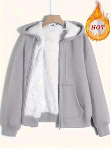 Women winter warm gray hooded sweatshirt with thick white fleece lining and zipper