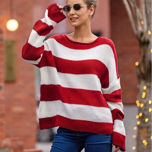Women's Oversized Striped Knit Sweater Loose Round Neck Drop Shoulder Long Sleeve Pullover Casual Knitted Jumper Top For Autumn Winter