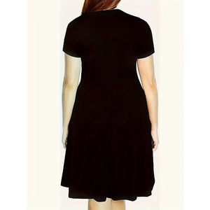 Back view of a black short-sleeved casual dress with a minimalist round neck and A-line cut