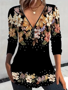 Women Casual Floral Print V-Neck Zipper Long Sleeve T-Shirt Elegant Mandala Graphic Slim Fit Polyester Blend Autumn Top