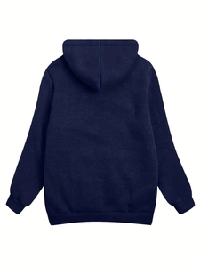 Back view of a navy blue plush hooded sweatshirt with ribbed cuffs and loose fit style