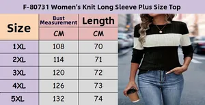 Size chart for women's plus size knit top showing 1XL to 5XL measurements in CM