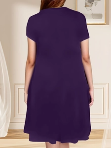 Women's casual deep purple short sleeve round neck loose t-shirt dress, back view