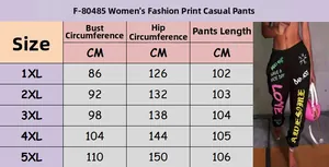Tableau des tailles détaillé pour pantalon graffiti femme allant de la taille 1XL à 5XL