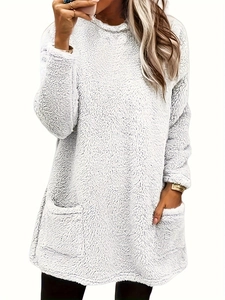 Women's warm white sherpa fleece crewneck sweatshirt with long sleeves and front pockets