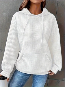 Women Plus Size Waffle Knit Hoodie Casual Solid Color Drawstring Hooded Sweatshirt Kangaroo Pocket Long Sleeve Loose Pullover Top