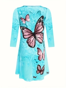 Elegant sky blue long sleeve dress featuring vivid butterfly prints and a classic round neck