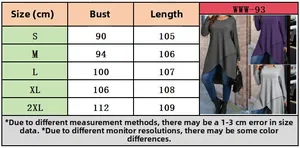 Detailed size chart for long sleeve irregular tunic dress with bust and length data