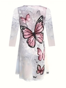 Elegant long sleeve A-line dress with purple haze and pink butterfly prints on white fabric
