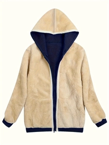 Detail of plush beige hooded jacket with navy blue fleece lining and zipper closure