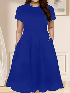Royal blue short sleeve A-line midi dress with round neck and side pockets for women