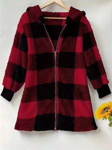Detail of red and black buffalo plaid sherpa fleece jacket with hood and front zipper