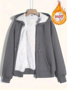 Heavyweight dark grey hooded sweatshirt with thick white fleece lining and metal zipper