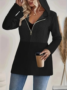 Women's black hooded jacket with cable knit patchwork and zipper for a stylish casual look