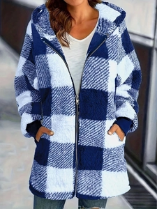 Close-up detail of blue plaid plush hooded jacket with zipper and side pockets