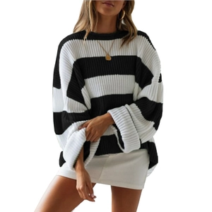 Loose black and white striped knit sweater with round neck and rolled edges for women