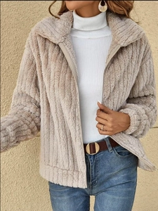 Giacca Teddy Fleece da Donna Casual Cardigan con Cerniera a Righe Verticali Cappotto in Pelliccia Sintetica Manica Lunga Invernale