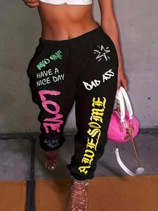 Pantalon de jogging noir pour femmes avec imprimés graffiti colorés et taille élastique