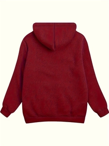 Back view of deep red warm fleece hooded sweatshirt with ribbed cuffs and hem