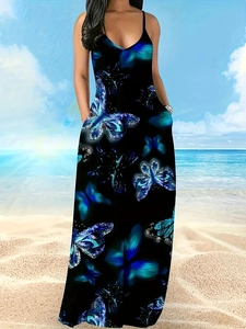 Robe Longue Maxi à Imprimé Papillon pour Femme Col en V Bretelles Décontracté Été Plage Fête Sans Manches Avec Poches