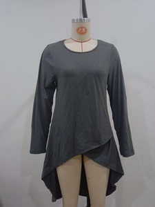 Detail of grey long sleeve top showing the asymmetric cross hem and knitted texture