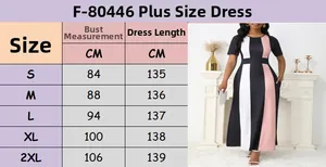 Size chart for slim-fit colorblock maxi dress showing measurements from S to 2XL sizes