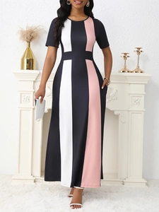 Slim fit color-block maxi dress with short sleeves and geometric contrast pattern